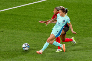 Canada v Australia Women 2023 FIFA Womens World Cup 31/07/2023. Hayley Raso 16 of Australia shoots towards the goal during the 2023 FIFA Womens World Cup match between Canada Women and Australia Women at Melbourne Rectangular Stadium, Melbourne, Australia on 31 July 2023. Editorial use only , Copyright: xNigelxKeenex PSI-17738-0081
