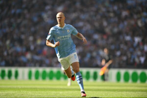 Erling Haaland of Manchester City during the match between Manchester City against Arsenal at Wembley Stadium on August 6, 2023 in London, England. Manchester City v Arsenal - The FA Community Shield Copyright: xSebastianxFrejx