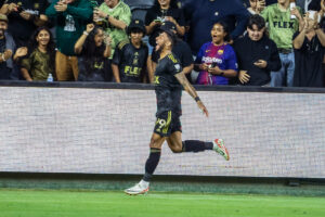 August 8, 2023, Los Angeles, California, United States: Los Angeles FC s Denis Bouanga celebrates a goal during a Leagues Cup soccer match between the Real Salt Lake and the Los Angeles FC,. Final score Los Angeles FC 4:0 Real Salt Lake Los Angeles United States - ZUMAs197 20230808_aaa_s197_072 Copyright: xRingoxChiux
