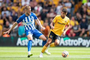 Wolverhampton Wanderers v Brighton & Hove Albion - Premier League Nlson Semedo of Wolves R and Adam Webster of Brighton in action during the Premier League match between Wolverhampton Wanderers and Brighton and Hove Albion at Molineux, Wolverhampton on Saturday 19th August 2023. Wolverhampton West Midlands United Kingdom PUBLICATIONxNOTxINxFRA Copyright: xMIxNewsx originalFilename:fletcher-wolverha230819_npsNF.jpg
