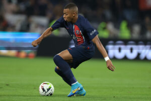 Lyon, France, 3rd September 2023. Kylian Mbappe of PSG during the Ligue 1 match at the Groupama Stadium, Lyon. Picture credit should read: Jonathan Moscrop / Sportimage EDITORIAL USE ONLY. No use with unauthorised audio, video, data, fixture lists, club/league logos or live services. Online in-match use limited to 120 images, no video emulation. No use in betting, games or single club/league/player publications. SPI-2542-0238