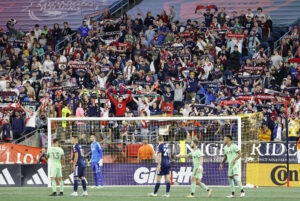 FOXBOROUGH, MA - SEPTEMBER 02: Scarves out inThe Fort during a match between the New England Revolution and Austin FC on September 2, 2023, at Gillette Stadium in Foxborough, Massachusetts. Photo by Fred Kfoury III/Icon Sportswire SOCCER: SEP 02 MLS, Fussball Herren, USA - New England Revolution vs Austin FC EDITORIAL USE ONLY Icon482230902077