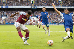 Chelsea v Aston Villa Premier League 24/09/2023. CORRECTION Aston Villa forward Ollie Watkins 11 scores during the Premier League match between Chelsea and Aston Villa at Stamford Bridge, London, England on 24 September 2023. Editorial use only DataCo restrictions apply See www.football-dataco.com , Copyright: xIanxStephenx PSI-18079-0024