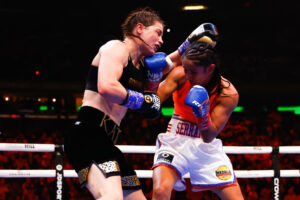 NEW YORK, NY - APRIL 30: Katie Taylor of Ireland and Amanda Serrano box during the fight for the Undisputed World Lightweight Championship on April 30, 2022 at Madison Square Garden In New York, New York. Photo by Rich Graessle/Icon Sportswire BOXING: APR 30 Katie Taylor v Amanda Serrano Icon220430155