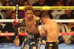 LAS VEGAS, NV - MAY 20: L-R Devin Haney punches Vasyl Lomachenko in their 12-round main-event Undisputed Lightweight Title bout at TopRank on ESPN - Haney v Loma at MGM Grand Garden Arena on May 20, 2023 in Las Vegas, NV. Photo by Alejandro Salazar/PxImages/Icon Sportswire BOXING: MAY 20 TopRank on ESPN - Haney v Loma EDITORIAL USE ONLY Icon2305201024
