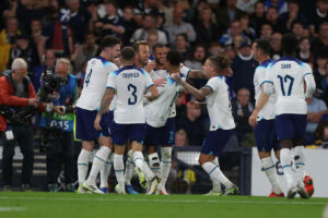 Scotland v England - 150th Anniversary Heritage Match Harry Kane of England celebrates with his team mates after scoring their third goal during the 150th Anniversary Heritage Match between Scotland and England at Hampden Park, Glasgow on Tuesday 12th September 2023. Glasgow County Durham United Kingdom PUBLICATIONxNOTxINxFRA Copyright: xMIxNewsx originalFilename:fletcher-scotland230912_npTv5.jpg