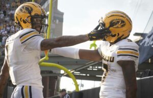 September 30, 2023, Nashville, Tennessee, USA: Missouri Tigers wide receiver Luther Burden III 3 celebrates after scoring a touchdown during his game against Vanderbilt in Nashville. Nashville USA - ZUMAh237 20230930_zsp_h237_026 Copyright: xCamdenxHallx
