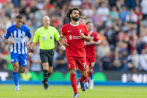Brighton and Hove Albion v Liverpool Premier League 08/10/2023. Liverpool forward Mohamed Salah 11 during the Premier League match between Brighton and Hove Albion and Liverpool at the American Express Stadium, Brighton and Hove, England on 8 October 2023. Brighton and Hove American Express Stadium East Sussex England Editorial use only DataCo restrictions apply See www.football-dataco.com , Copyright: xJanexStokesx PSI-18199-0216