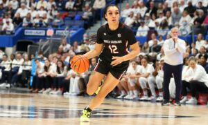 HARTFORD, CT - FEBRUARY 05: South Carolina Gamecocks guard Brea Beal 12 in action during the women s college basketball game between South Carolina Gamecocks and UConn Huskies on February 5, 2023, at XL Center in Hartford, CT. Photo by M. Anthony Nesmith/Icon Sportswire COLLEGE BASKETBALL: FEB 05 WomenÕs South Carolina at Uconn Icon23020599