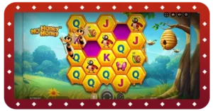 Image of Slots game at Wild Casino. The image shows Mo'Honey Mo' Money slots game with two queen bees flying to the left of the screen.