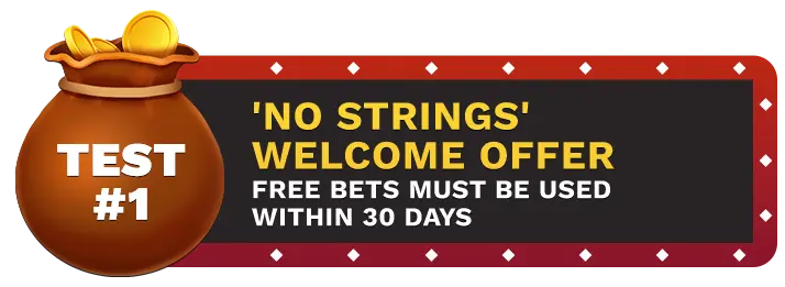 Image of Betonline Casino's 'No Strings' Welcome Offer showing a money bag with coins in it on top of a vegas style sign.