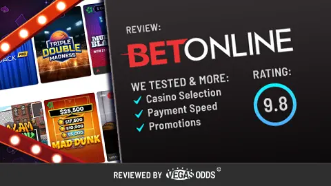 Image of Betonline Casino review showing the BetOnline Casino logo on the top right, a score of 9.8 in a blue circle below, and a bullet point list of what has been tested in the review. On the left-hand side, there is an image of slot games available at the casino inside a Vegas-style sign.