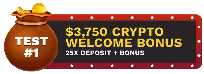 Image of Bovada Casino's $3750 Crypto Welcome Bonus First Deposit showing a money bag with coins in it on top of a vegas style sign.