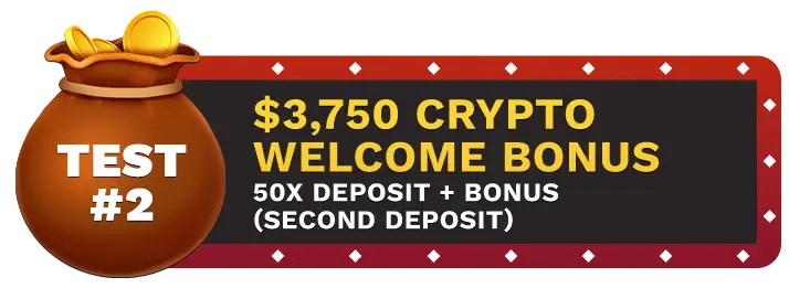 Image of Bovada Casino's $3750 Crypto Welcome Bonus Second Deposit showing a money bag with coins in it on top of a vegas style sign.