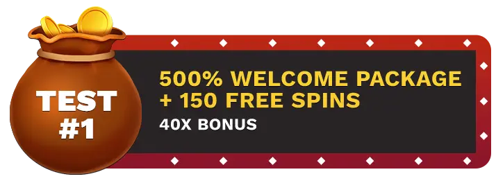 Image of Ducky Lucks Casino's 500% Welcome Package + 150 Free Spins showing a money bag with coins in it on top of a vegas style sign.