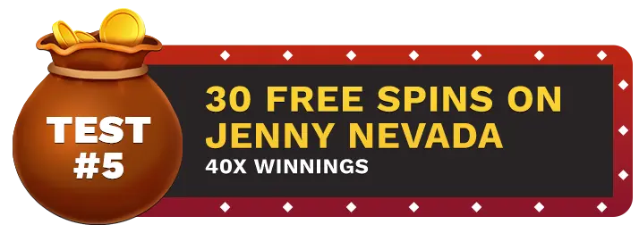 Image of Ducky Lucks Casino's 30 Free Spins on Jenny Nevada showing a money bag with coins in it on top of a vegas style sign.