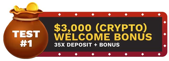 Image of Slots.LV Casino's $3000 Crypto Welcome Bonus showing a money bag with coins in it on top of a vegas style sign.