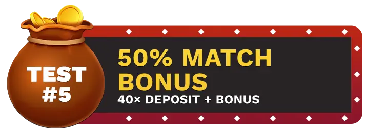 Image of Slots Paradise Casino's 50% Match Bonus showing a money bag with coins in it on top of a vegas style sign.