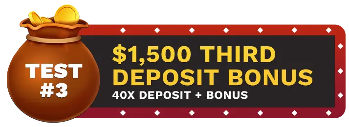 Image of Vegas Aces Casino's $1500 Third Deposit Bonus showing a money bag with coins in it on top of a vegas style sign.