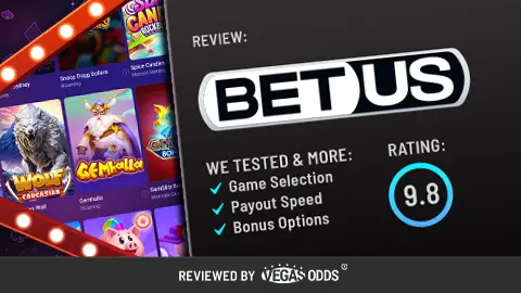 Image of BetUS Casino review showing the BetUS Casino logo on the top right, a score of 9.8 in a blue circle below, and a bullet point list of what has been tested in the review. On the left-hand side, there is an image of slot games available at the casino inside a Vegas-style sign.