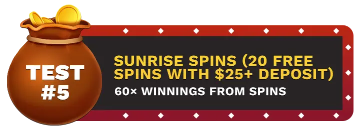 Image of Buffalo Casino's Sunrise Spins Bonus 1 showing a money bag with coins in it on top of a vegas style sign.