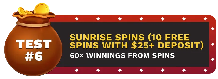 Image of Buffalo Casino's Sunrise Spins Bonus 2 showing a money bag with coins in it on top of a vegas style sign.