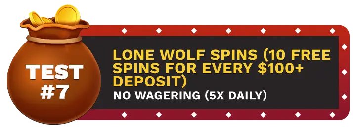 Image of Buffalo Casino's Lone Wolf Spins Bonus showing a money bag with coins in it on top of a vegas style sign.