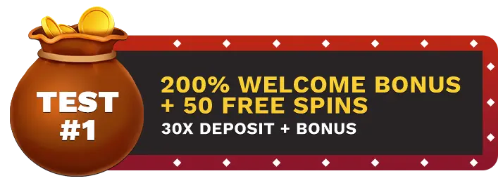 Image of LuckyRebel.la's 200% Welcome Bonus + 50 Free Spins bonus, showing a money bag with coins in it on top of a vegas style sign.