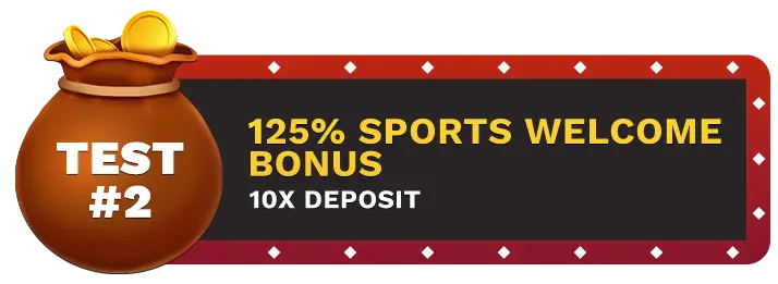 Image of LuckyRebel.la's 125% Sports Welcome bonus, showing a money bag with coins in it on top of a vegas style sign.