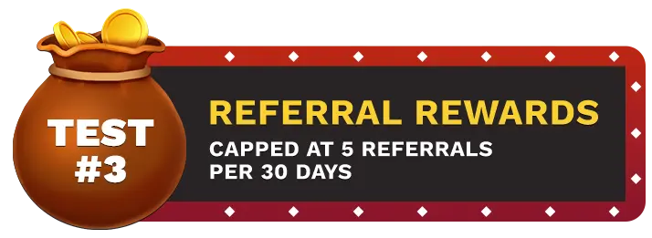 Image of LuckyRebel.la's Referral Rewards bonus, showing a money bag with coins in it on top of a vegas style sign.