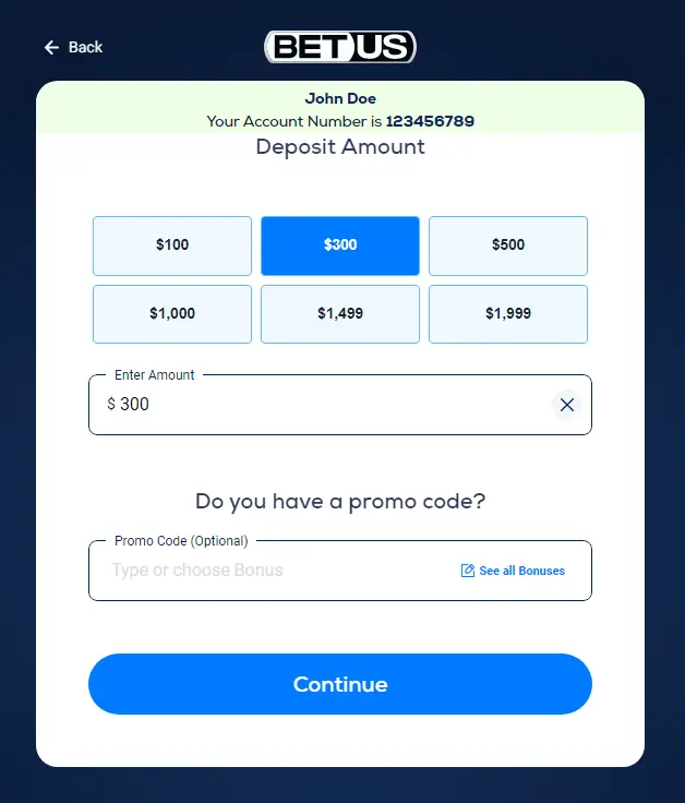 Image of depositing with crypto at BetUS, showing depositing $300 by John Doe.
