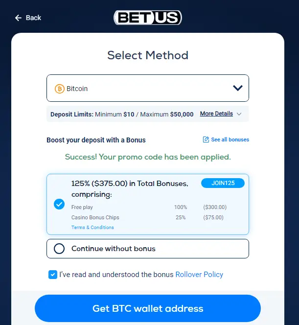 Image of depositing with crypto at BetUS, showing user applying promo code JOIN125 to their deposit and the break down of the bonus amounts added.