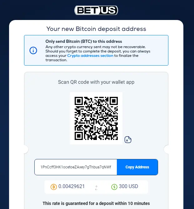 Image of depositing with crypto at BetUS, showing a QR for a bitcoin deposit.