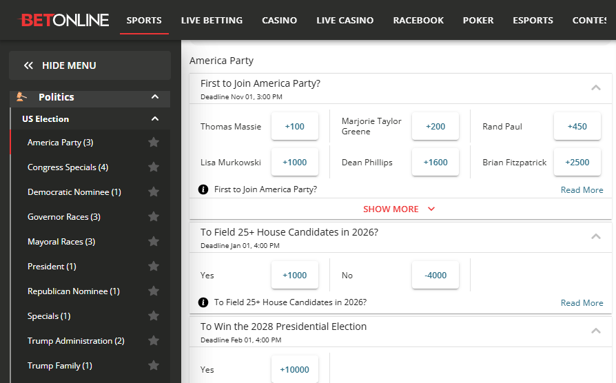 Image of a screenshot of Betonlin's presidential election and politics odds, showing odds for the First to Join America Party, To Field 25+ House Cadidates in 2026? and To Win the 2028 Presidential Election.