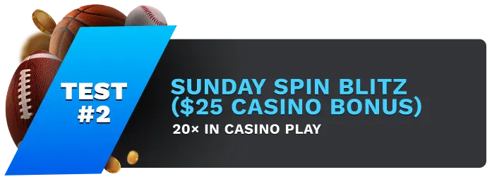Image showing Bet105's Sunday Spin Blitz ($25 Casino Bonus), with sports balls on the left side of the image behind a blue banner stating 'Test #2".