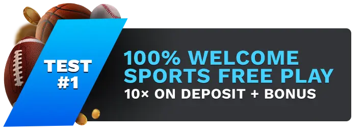 Image showing BetAnything's 100% Welcome Sports Free Play Bonus, with sports balls on the left side of the image behind a blue banner stating 'Test #1".