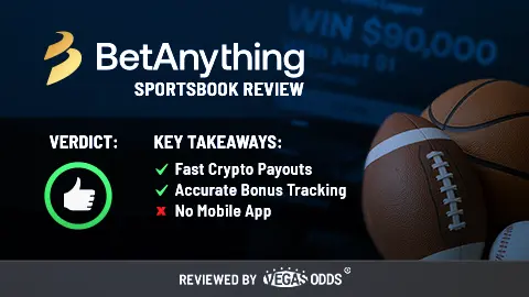 Image of BetAnything sportsbook review showing the BetAnything logo on the top left of the image, a thumbs up in a green circle is on the lower left, and bullet points summarizing in the review in the middle. On the right-hand side, there is an image of an American football, basketball, and baseball with a blurry screenshot of BetAnything in the background.