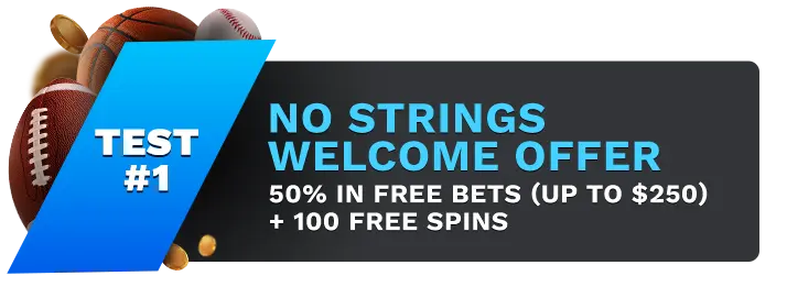 Image showing Betonline's No Strings Welcome Offer, with sports balls on the left side of the image behind a blue banner stating 'Test #1".