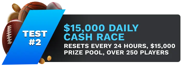 Image showing Betonline's $15,000 Daily Cash Race, with sports balls on the left side of the image behind a blue banner stating 'Test #2".