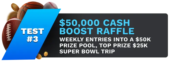 Image showing Betonline's $50,000 Cash Boost Raffle, with sports balls on the left side of the image behind a blue banner stating 'Test #3".