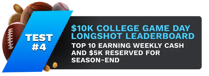 Image showing Betonline's $10,000 College Game Day Longshot Leaderboard, with sports balls on the left side of the image behind a blue banner stating 'Test #4".