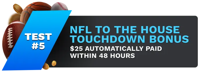 Image showing Betonline's NFL To The House Touchdown Bonus, with sports balls on the left side of the image behind a blue banner stating 'Test #5".
