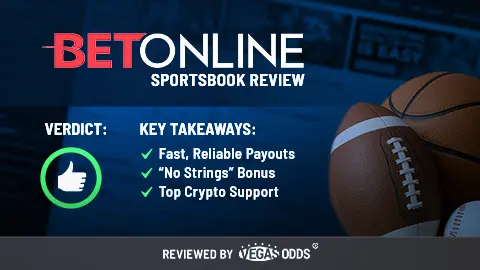 Image of Betonline sportsbook review showing the Betonline logo on the top left of the image, a thumbs up in a green circle is on the lower left, and bullet points summarizing in the review in the middle. On the right-hand side, there is an image of an American football, basketball, and baseball with a blurry screenshot of Betonline in the background.