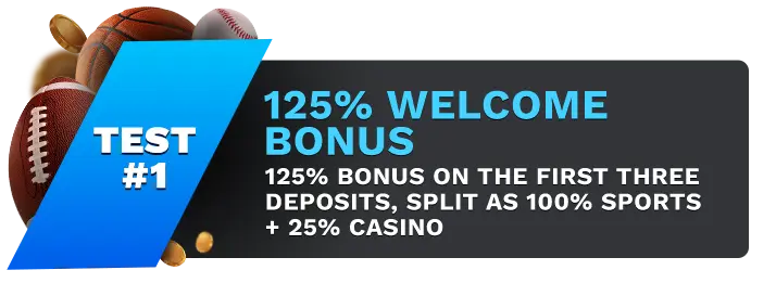 Image showing BetUS's 125% Welcome Bonus, with sports balls on the left side of the image behind a blue banner stating 'Test #1".