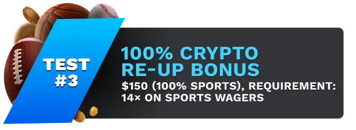 Image showing BetUS's 100% Crypto Re-Up Bonus, with sports balls on the left side of the image behind a blue banner stating 'Test #3".