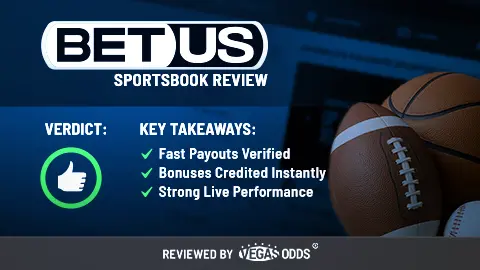 Image of BetUS sportsbook review showing the BetUS logo on the top left of the image, a thumbs up in a green circle is on the lower left, and bullet points summarizing in the review in the middle. On the right-hand side, there is an image of an American football, basketball, and baseball with a blurry screenshot of BetUS in the background.
