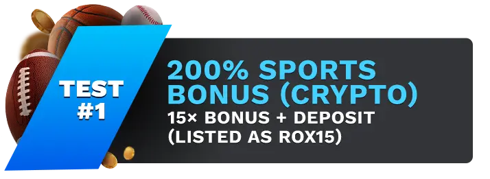 Image showing BetWhale's 200% Sports Bonus (Crypto), with sports balls on the left side of the image behind a blue banner stating 'Test #1".