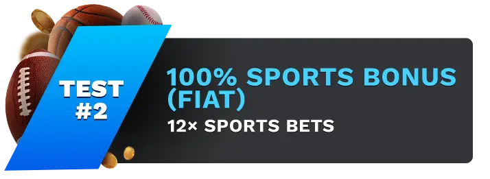 Image showing BetWhale's 100% Sports Bonus (Fiat), with sports balls on the left side of the image behind a blue banner stating 'Test #2".