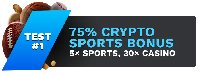 Image showing Bovada's 75% Crypto Sports Bonus, with sports balls on the left side of the image behind a blue banner stating 'Test #1".
