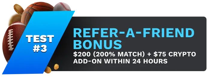 Image showing Bovada's Refer-A-Friend-Bonus, with sports balls on the left side of the image behind a blue banner stating 'Test #3".